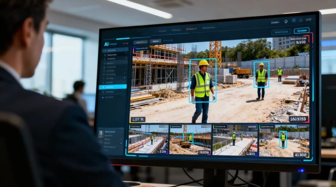 AI PPE monitoring software interface showing multiple camera feeds with detection overlays
