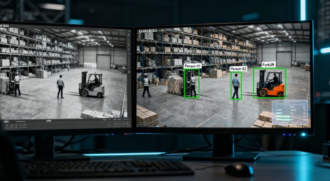 Split screen comparison showing traditional CCTV footage versus AI-powered video analytics with object detection and real-time alerts