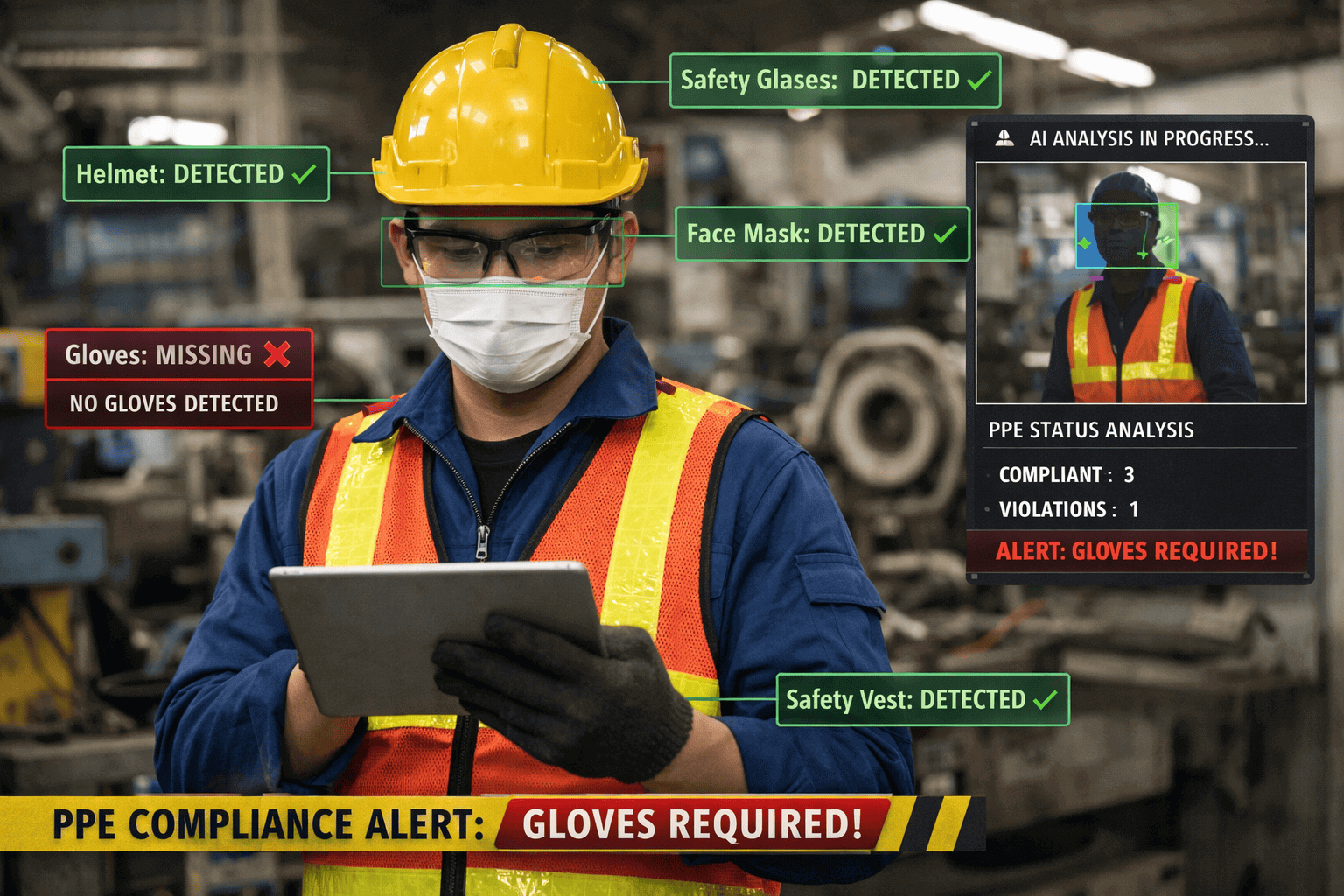 AI-powered PPE compliance monitoring system detecting safety gear violations
