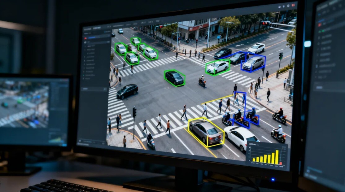 Computer vision analysis of urban intersection showing vehicle detection, pedestrian tracking, traffic flow measurement, and incident detection overlays