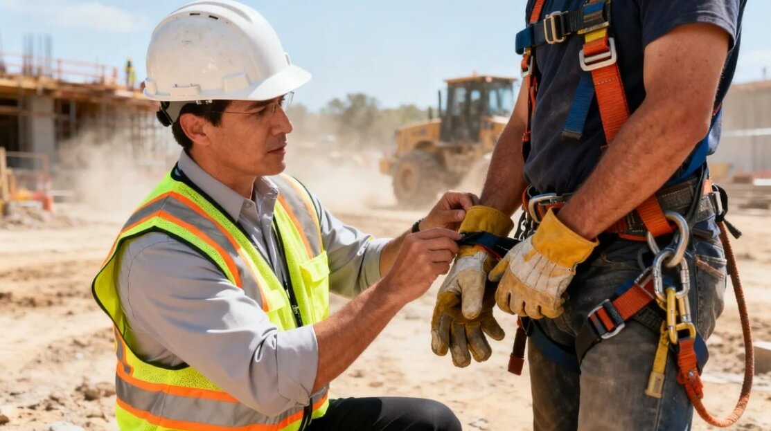 Safety officer conducting manual PPE inspection on a construction site, writing notes on a clipboard